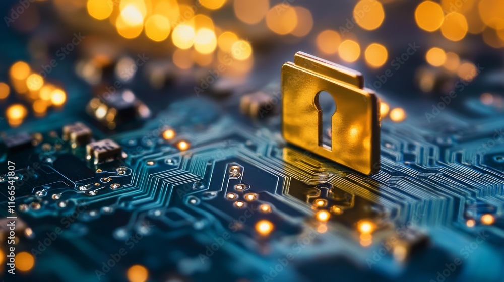 Poster a detailed view of a digital lock resting on a circuit board, symbolizing cybersecurity and modern t
