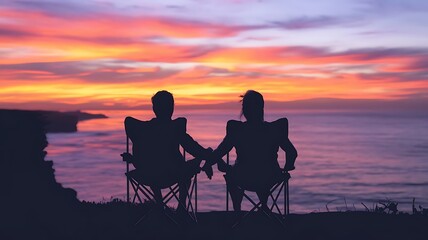 Obraz premium A couple is seen sitting on a camping chair, enjoying a beautiful sunset view.