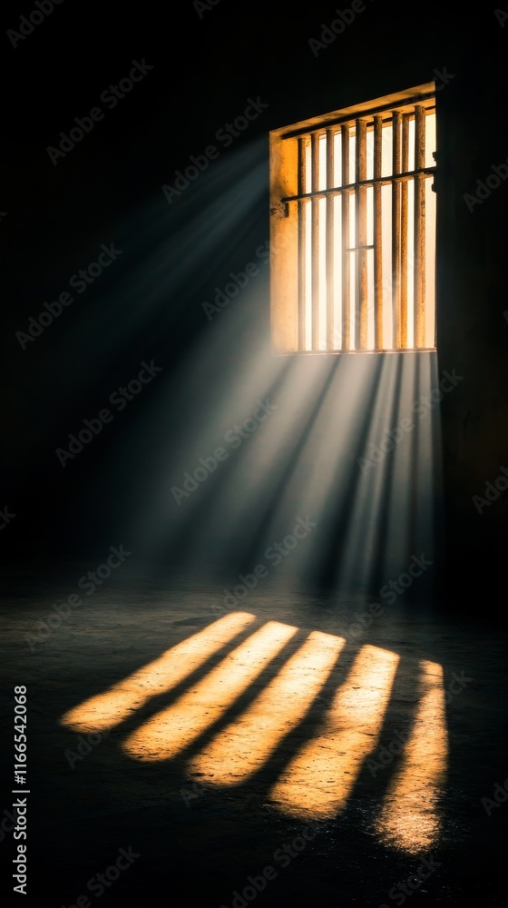 Poster a dimly lit space with beams of sunlight streaming through a barred window, creating a contrast of l