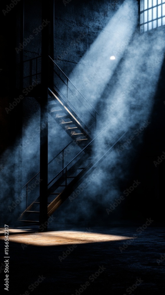 Poster a dramatic scene of a spiral staircase illuminated by beams of light filtering through a window, cre