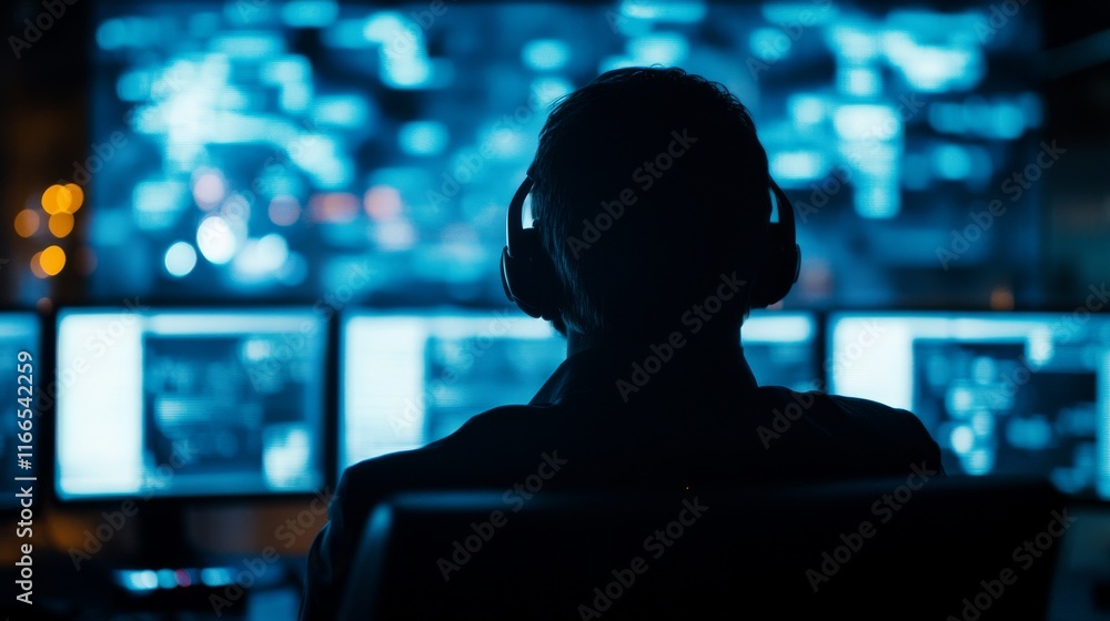 Poster a focused individual with headphones engaged in monitoring multiple computer screens, showcasing mod