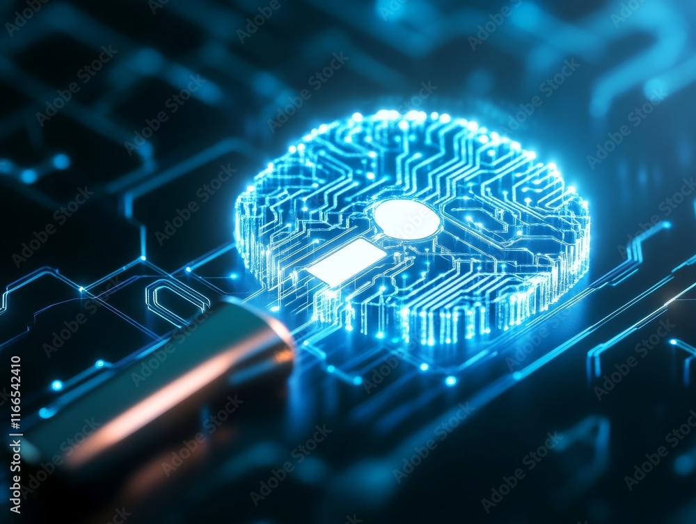 Poster a futuristic digital lock illuminated with glowing circuits symbolizes advanced security in the tech