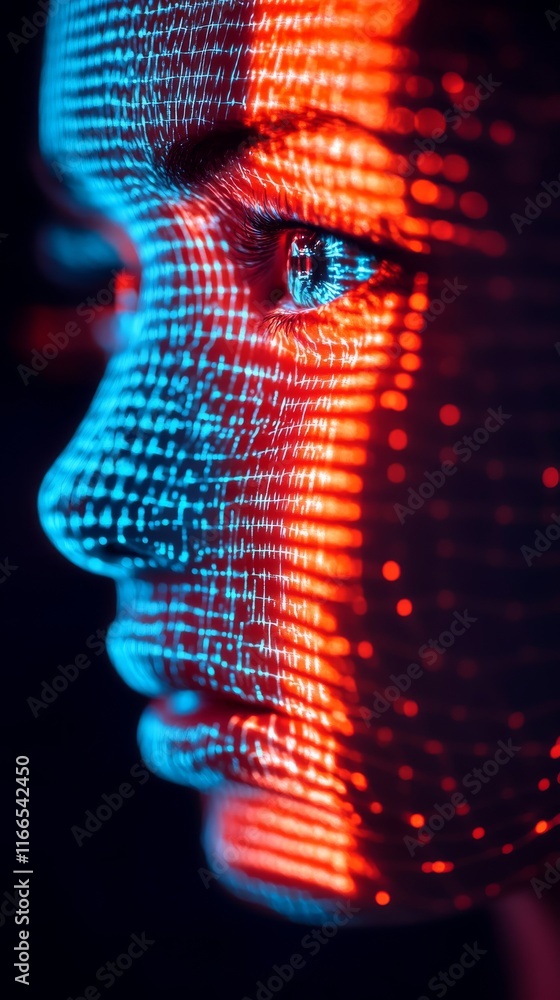 Poster a futuristic digital representation of a human face with vibrant light patterns showcasing the conve