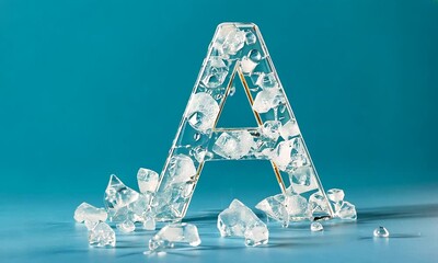 A clear ice letter "A" surrounded by ice pieces on a blue background. - Powered by Adobe