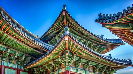 Majestic Korean Palace Roofline Against Azure Sky - Architectural Stock Photo