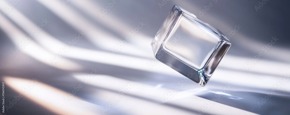 Poster a minimalist composition featuring a clear glass cube illuminated by soft light, creating intriguing