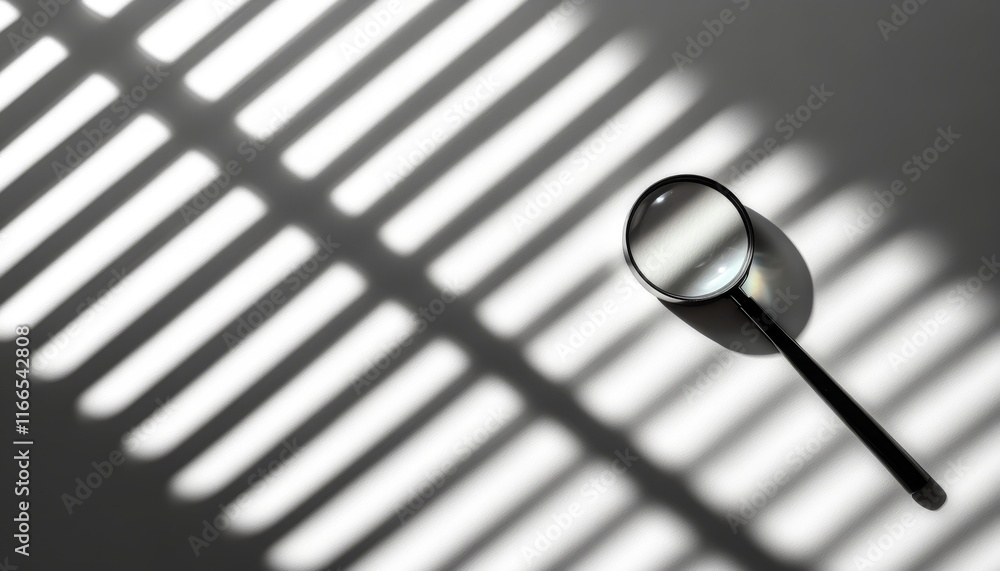Poster a minimalistic close-up of a magnifying glass casting shadows, ideal for themes of investigation or 