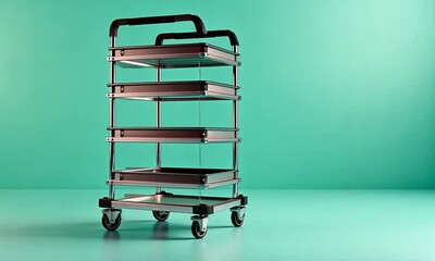 A metal cart with multiple shelves on wheels against a teal background.