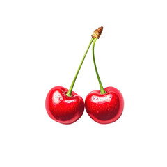 Bright Red Cherries with Green Stems on White Background