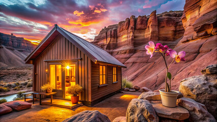 cozy cabin with sunset view, surrounded by stunning rock formations
