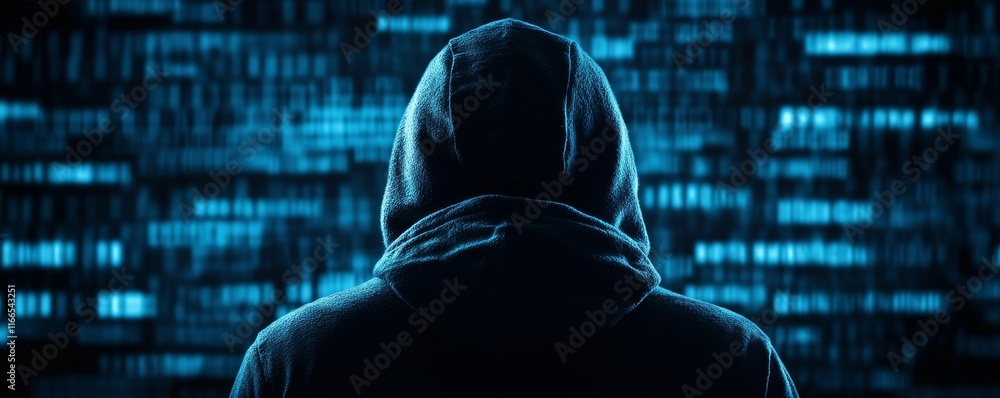 Poster a mysterious figure in a hoodie, surrounded by digital data streams, evokes themes of cybersecurity 