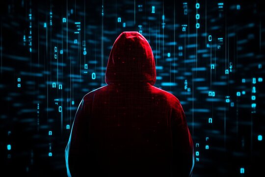 A mysterious figure in a red hoodie stands against a backdrop of digital binary code, symbolizing cybersecurity and the digital world.