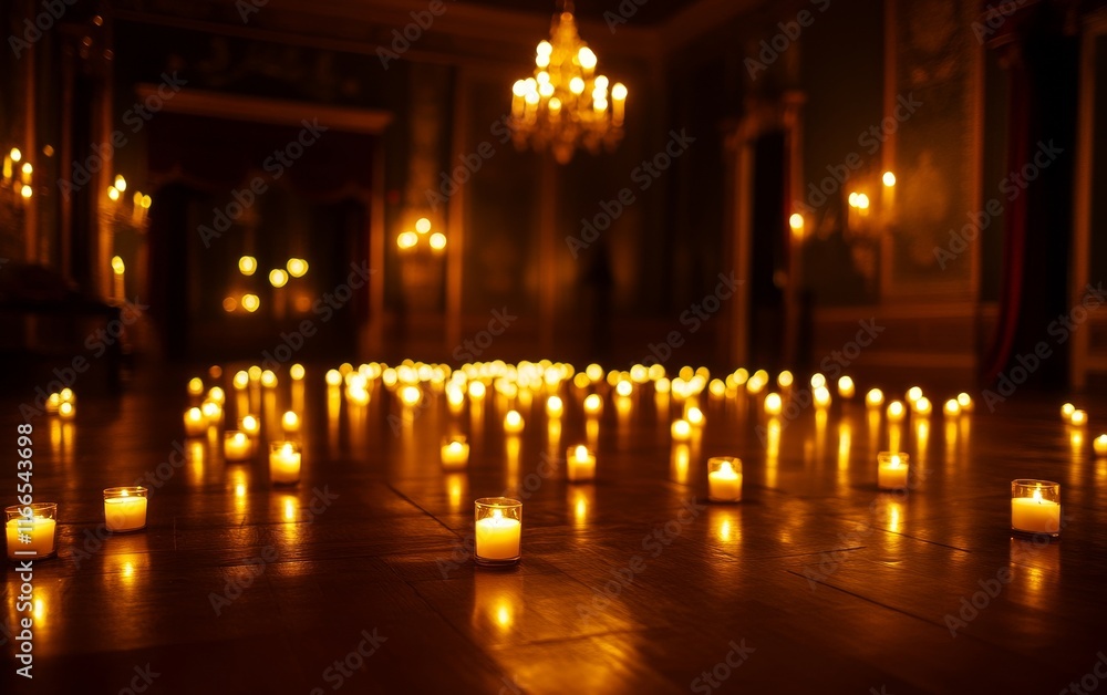 Poster a serene and enchanting scene featuring numerous flickering candles illuminating a dark, elegant spa
