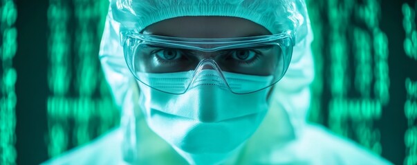 A scientist in protective gear examines data on a digital screen, showcasing the blend of technology and research in modern science.