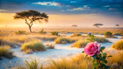Obraz premium serene savanna landscape featuring pink rose in foreground