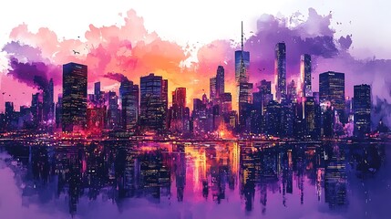 Fototapeta premium Sunset skyline cityscape reflection urban landscape aesthetic view
