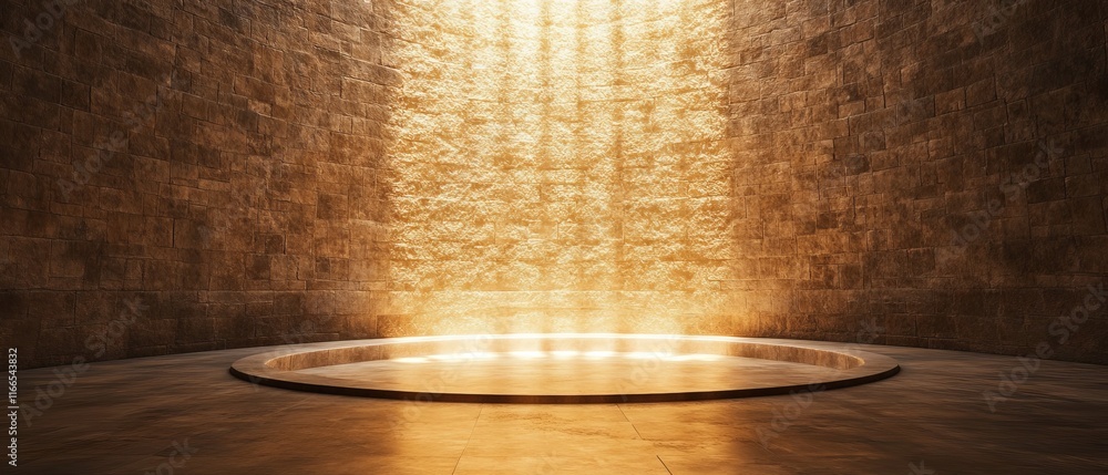 Poster a serene circular space with warm light illuminating textured walls, creating a peaceful atmosphere 