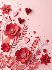 Paper cut-style red flowers and heart shapes on a soft pink background. Flat lay composition with copy space, perfect for Valentine's Day, love, wedding, or romantic greeting cards