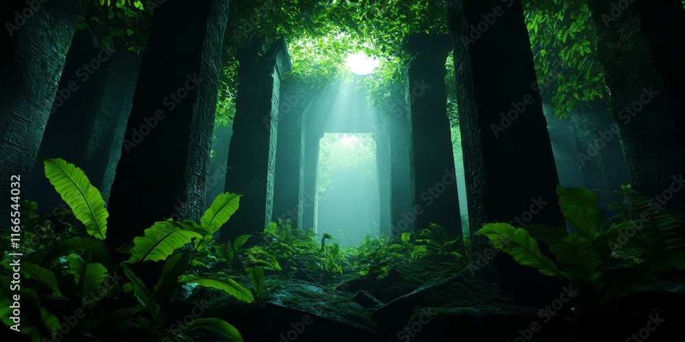 Poster a serene forest scene with lush greenery and beams of light filtering through the trees, creating a 