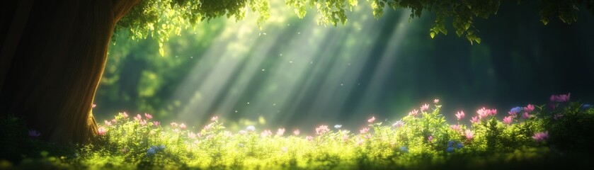 Obraz premium A serene forest scene with sunlight filtering through trees, illuminating colorful wildflowers on a peaceful day.