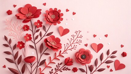 Paper cut-style red flowers and heart shapes on a soft pink background. Flat lay composition with copy space, perfect for Valentine's Day, love, wedding, or romantic greeting cards