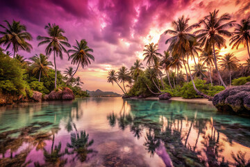 Fototapeta premium serene lagoon with palm trees, reflecting vibrant sunset colors
