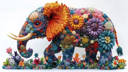 Obraz premium Elephant Yarn Art. Whimsical wool yarn art of an elephant standing on small flowers, featuring bold, vibrant colors on a plain white background. AI generated image.