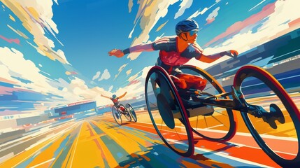 Fototapeta premium Wheelchair Athletes Racing Competitively on Vibrant Track Under Sunny Sky..
