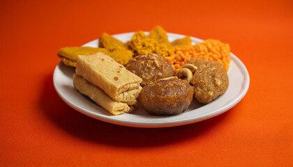 Indian traditional sweets like laddoo, Gazak, Til Gazak, Brafi on a plate during Lohri & Baisakhi Pooja