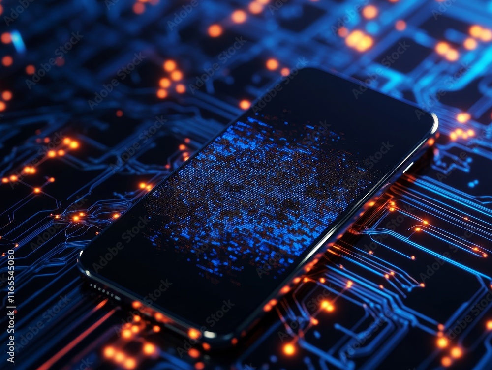 Poster a sleek smartphone displaying a vibrant digital interface on a circuit board background, symbolizing
