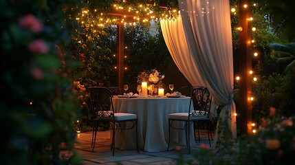 Romantic dinner setup garden evening cozy atmosphere intimate view