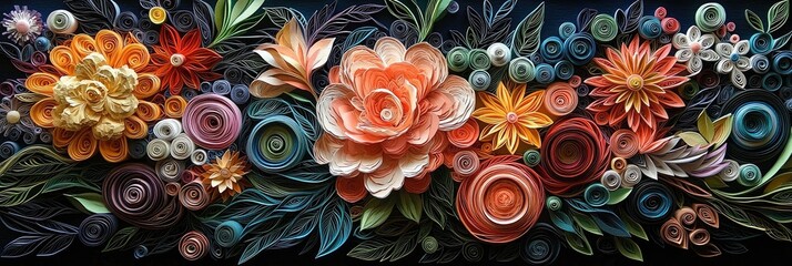 A vibrant arrangement of intricately crafted paper flowers in various colors and shapes.