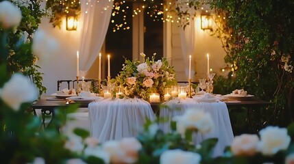 Outdoor romantic dinner setup with candles and flowers garden event