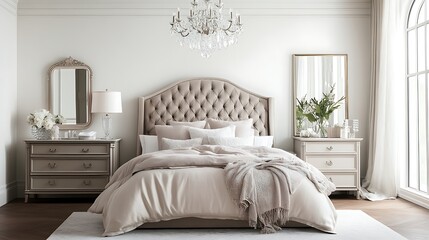 Fototapeta premium Elegant bedroom design with chandelier modern home interior style