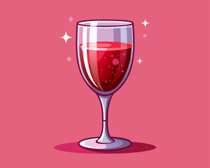 A sparkling crystal wine glass filled with red liquid, standing against a soft pink backdrop