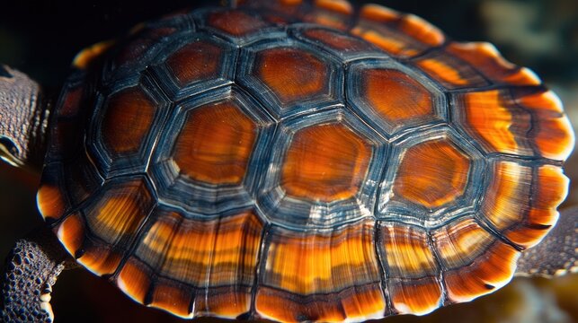 Close-up of a turtle's beautifully patterned shell showcasing vibrant colors and textures.