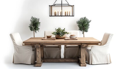 Elegant dining setup with wooden table and greenery minimalist style