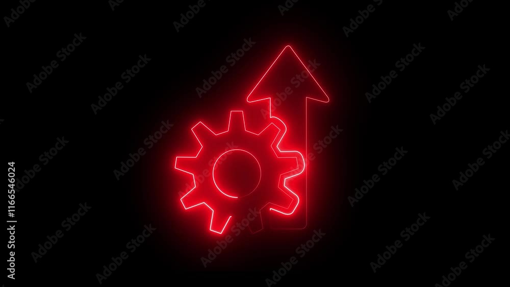 Poster neon arrow setting icon animation and black background neon arrow spinning gears setting icon animat
