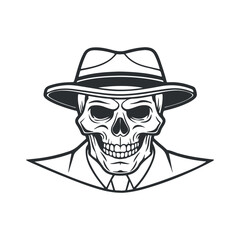 black and white gangster skull illustration with fedora hat for designs