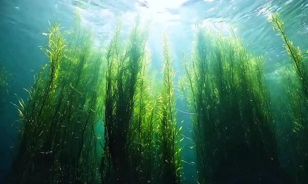 Underwater view of tall green seaweed swaying in the sunlight, creating a serene and natural aquatic scene. Perfect for marine life themes, eco visuals, ocean conservation, and nature-inspired project
