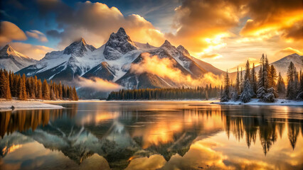 Fototapeta premium stunning winter mountain vista with amber hues reflecting on water