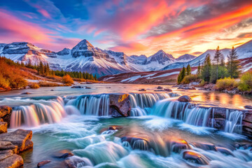 serene landscape featuring vibrant sunset over mountain river