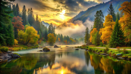 Fototapeta premium serene autumn landscape with colorful trees reflecting in water