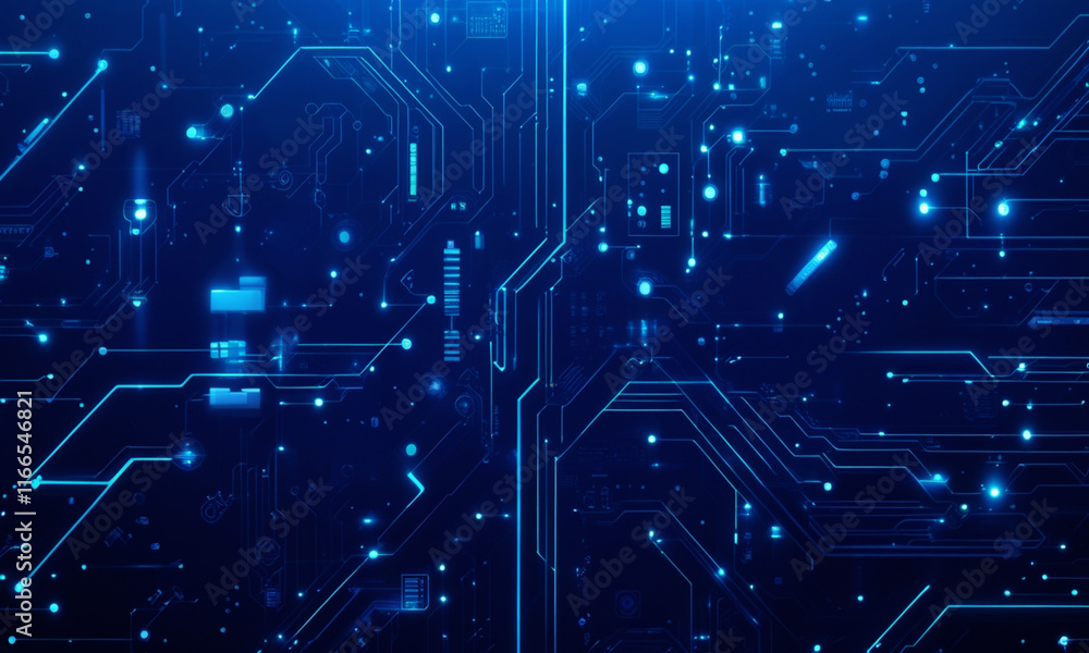Poster abstract high-tech blue circuit board illustration with glowing elements, futuristic technology, dig