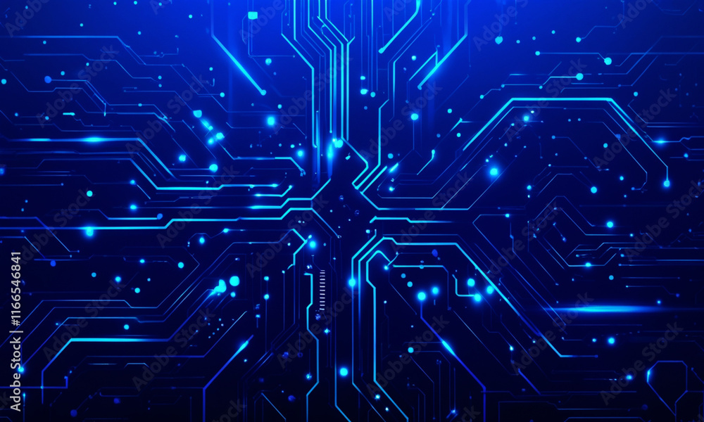 Poster abstract high-tech blue circuit board illustration with glowing elements, futuristic technology, dig
