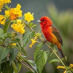 vibrant red and yellow fluffy canary bird perched on the yellow flower branch ai generated