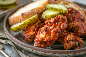 Fiery Nashville hot chicken with tangy pickles and white bread served on a rustic wooden table