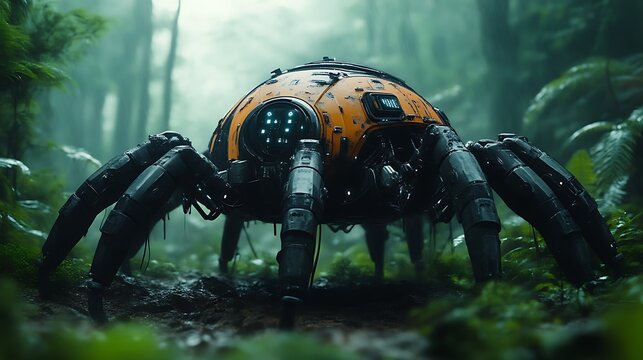 Rusty robotic spider in jungle.