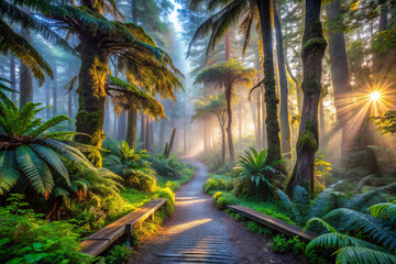 Naklejka premium serene sun dappled forest path, bathed in tropical light and greenery