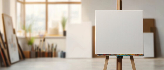 Wooden easel with blank canvas, copy space